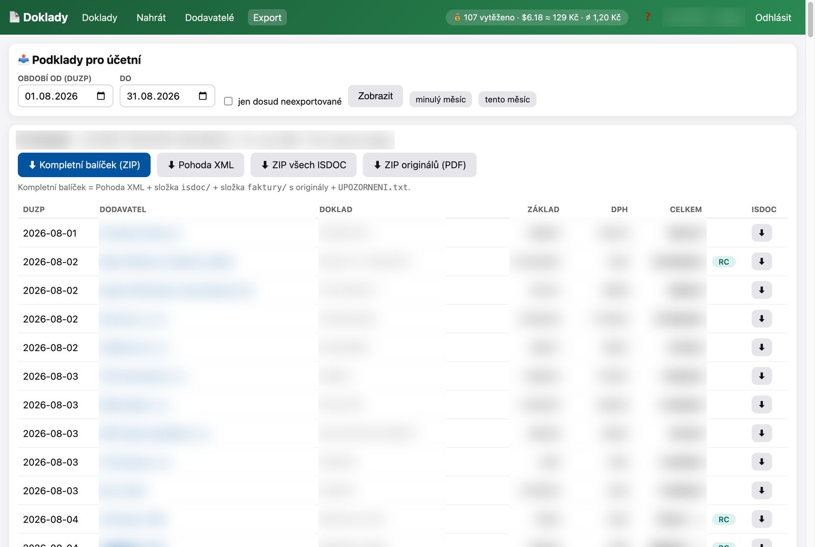 Doklady — podklady pre účtovníčku za obdobie, export Pohoda XML a ISDOC